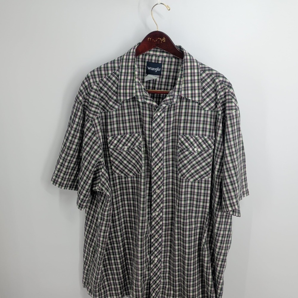 VTG Wrangler Plaid Western Pearl Snap Short-Sleeve Button Up Shirt Black White